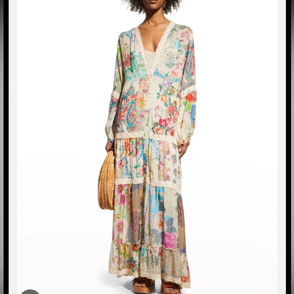 Johnny Was Milana Tiered Lace-Trim Maxi Dress, Small